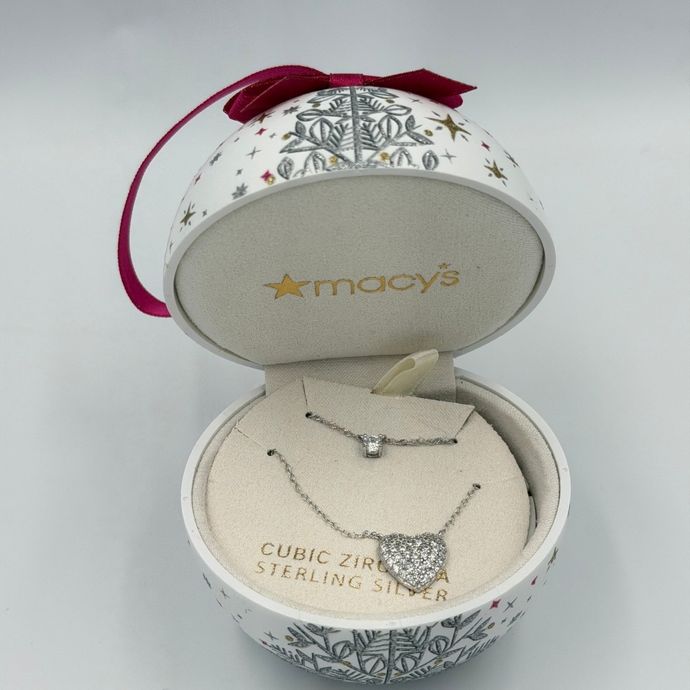 Sterling Silver Cubic Zirconia Necklace‎ Set Holiday Ornament Gift Heart Pendant